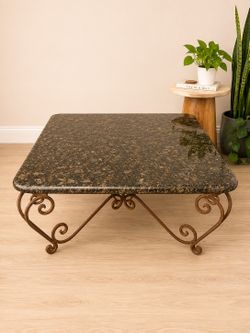 Granite Top Coffee Table with Rust-Finished Wrought Iron Base