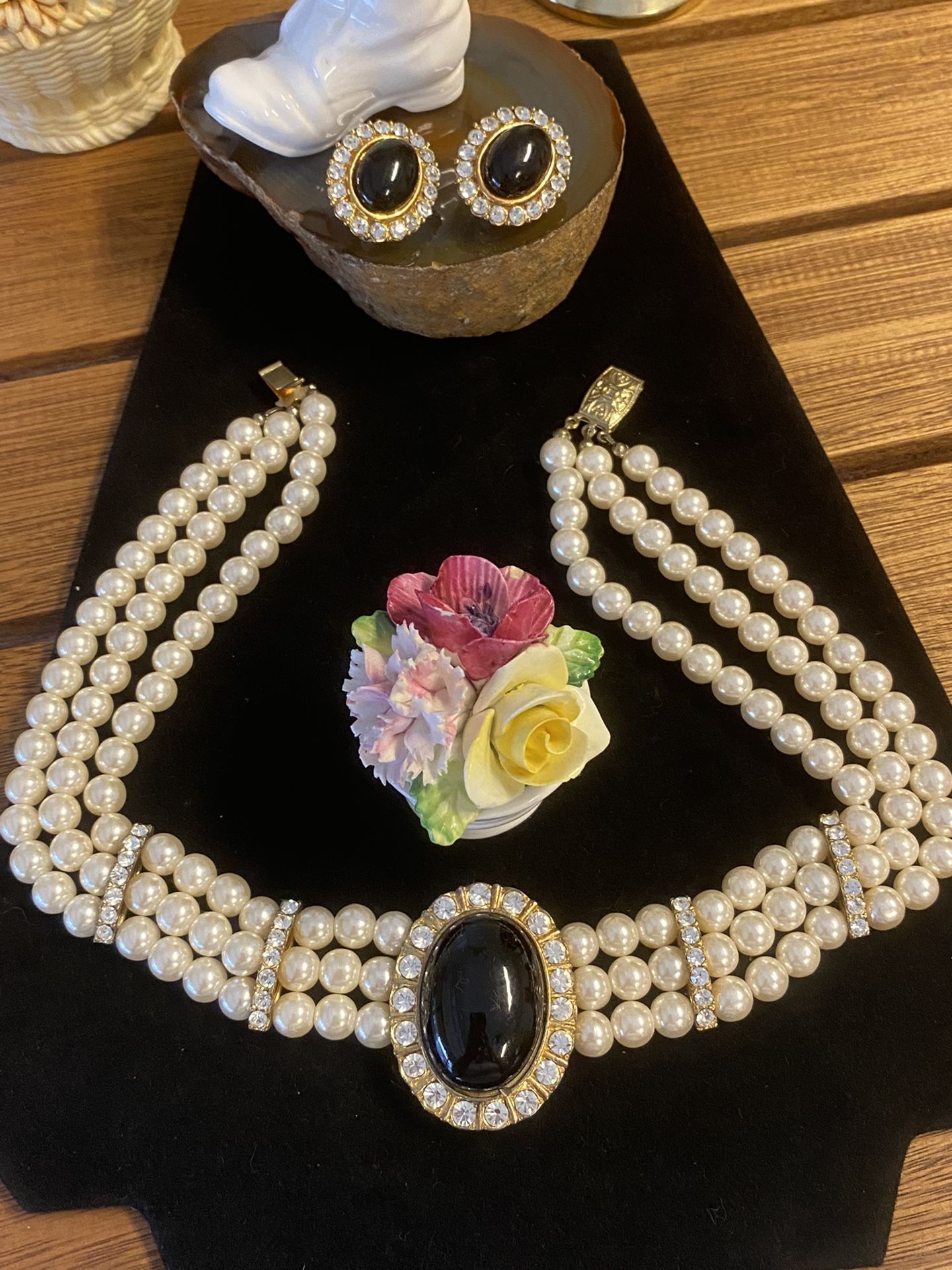 Vintage Faux Pearl/Rhinestone Choker/Clip Earring Set