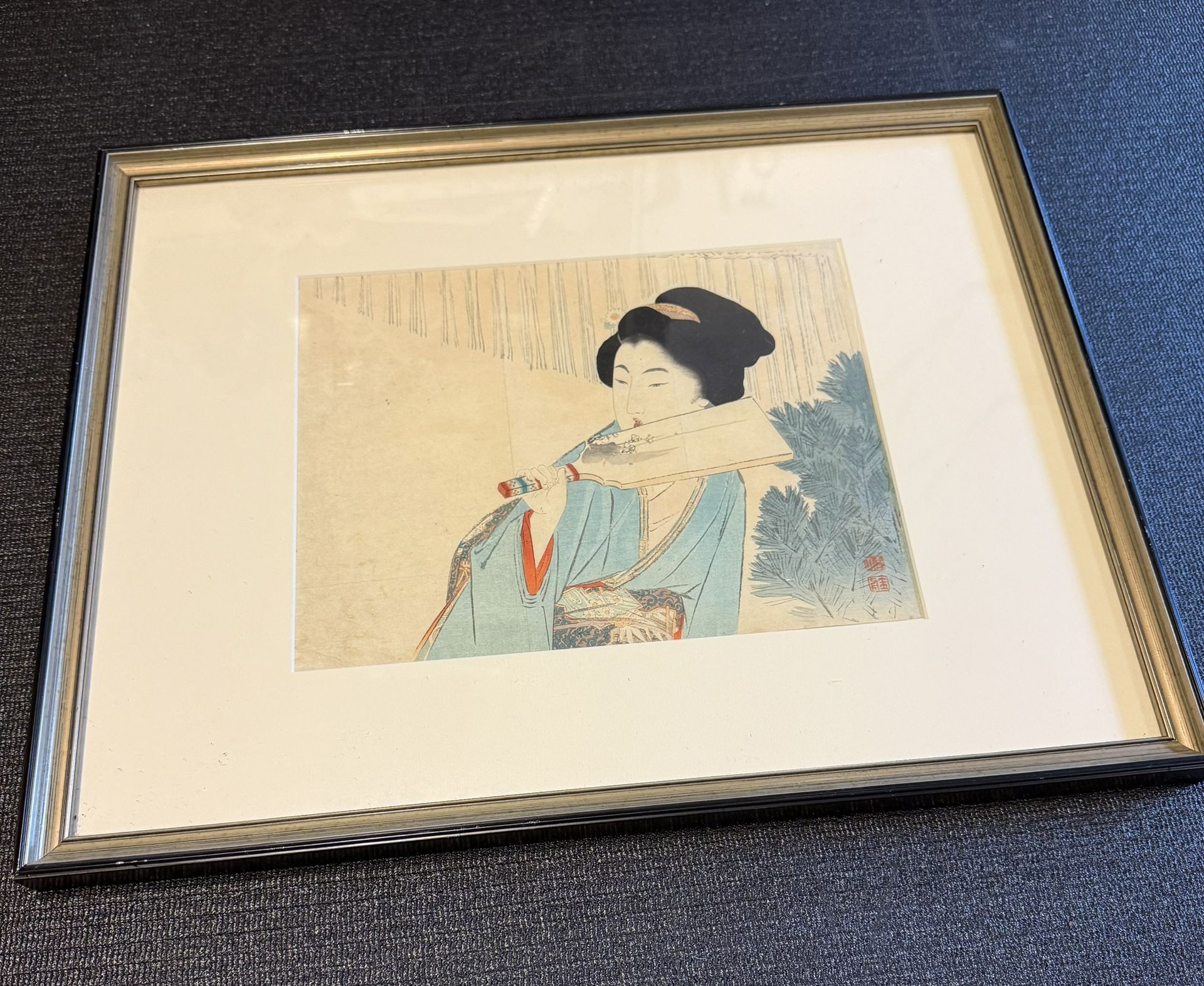 Vintage Framed Japanese Geisha Woodblock Print 18.5 X 14.5