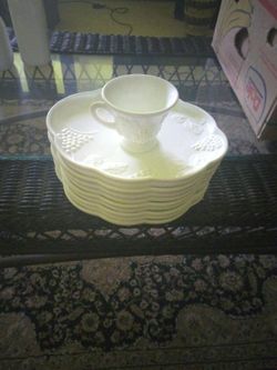 Vintage Indiana Milk Glass Harvest Grape Lunch Plate & Footed Cup Set of 10