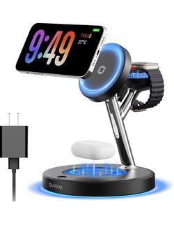 3 in 1 Mag-Safe Wireless Charger Stand for iPhone Apple Watch AirPods Adjustable Blue Ambient Light,15W Magnetic Charging Station for iPhone 17 16 15 