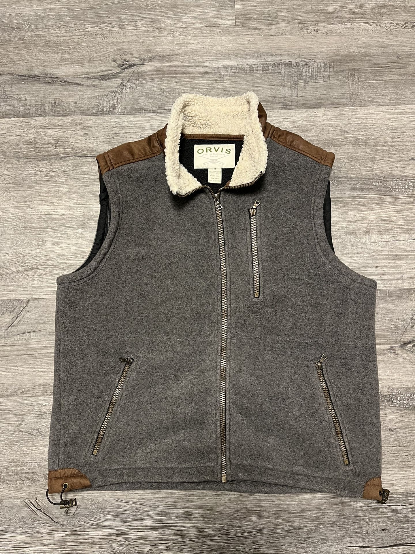 Orvis Vest Mens Medium Gray Fleece Full Zip Pockets Sherpa Collar