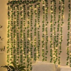 12pcs Artificial Vine With Light String Green Leaf Fairy Vine Suitable For Wall Bedroom Garden Home Decoration Wedding Birthday Valentine's Day Mother