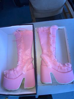 Size 9 Demonia Camel-311 Pastel Pink Vegan Leather Fur Platform Knee High Boots