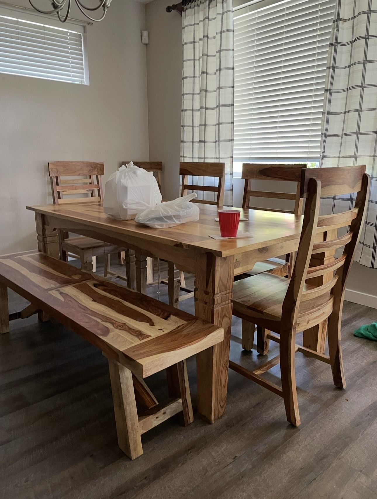 Solid wood Kitchen table, 6 chairs & bench