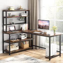 C0727 55" Reversible L-Shaped Desk with Wireless Charging & Shelves