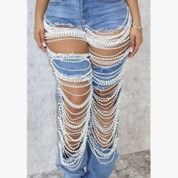 Women's Sexy Ripped Distressed Destroyed Rhinestones Pearls Chain Cocktail Party Denim Pants Jeans