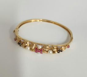 Antique 14k Yellow Gold Pearls,Ruby & Sapphire Bangle Bracelets