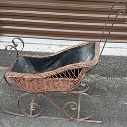 Antique Wrought Iron Doll Sled with Wicker Basket. 34L x 13W x 36H