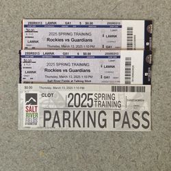 PRICE REDUCED! Spring Training Tickets! Rockies V. Guardians, Thursday, March 13, Salt River Fields