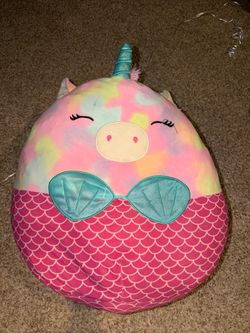 Squishmallow Uma Unicorn Mermaid 20" Plush Large Multicolor Kellytoy Rare. Has stains. Threading came undone on 1 eyebrow. There is a snag on front sh
