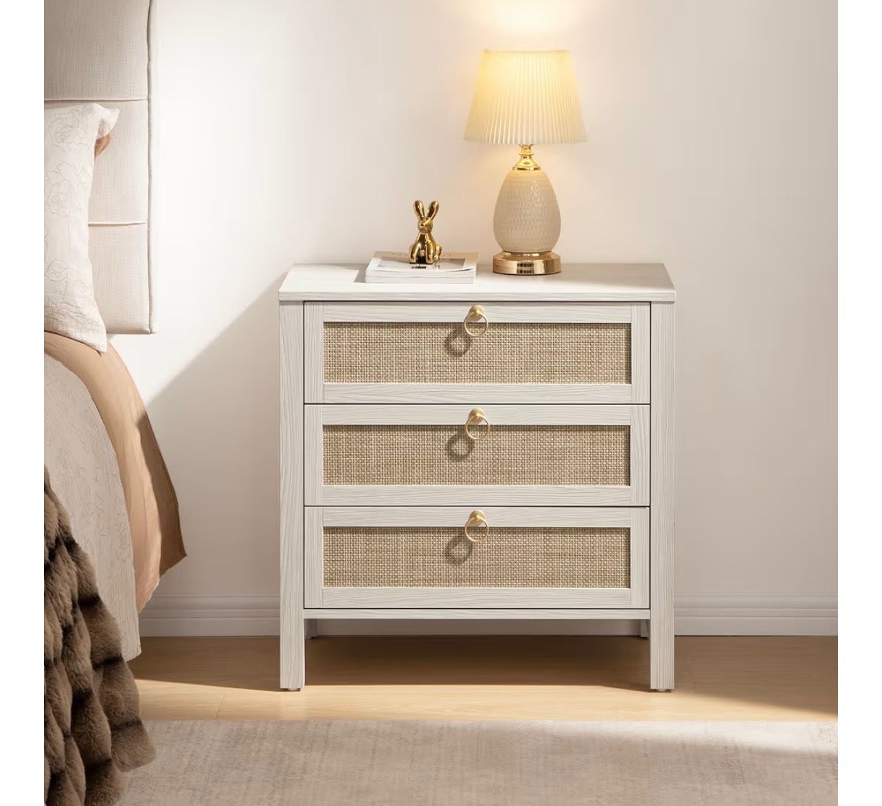 White Night Stand with Drawers - Large Rattan Bedside Table with Golden Handle, 3 Drawers Nightstand Tall End Table Side Table Boho Nightstand for Bed