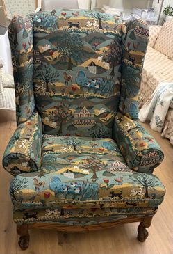 Vintage Wingback Chair Pair– 1970’s Country Tapestry Upholstery