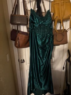 Green satin and sequin dress work once size 16