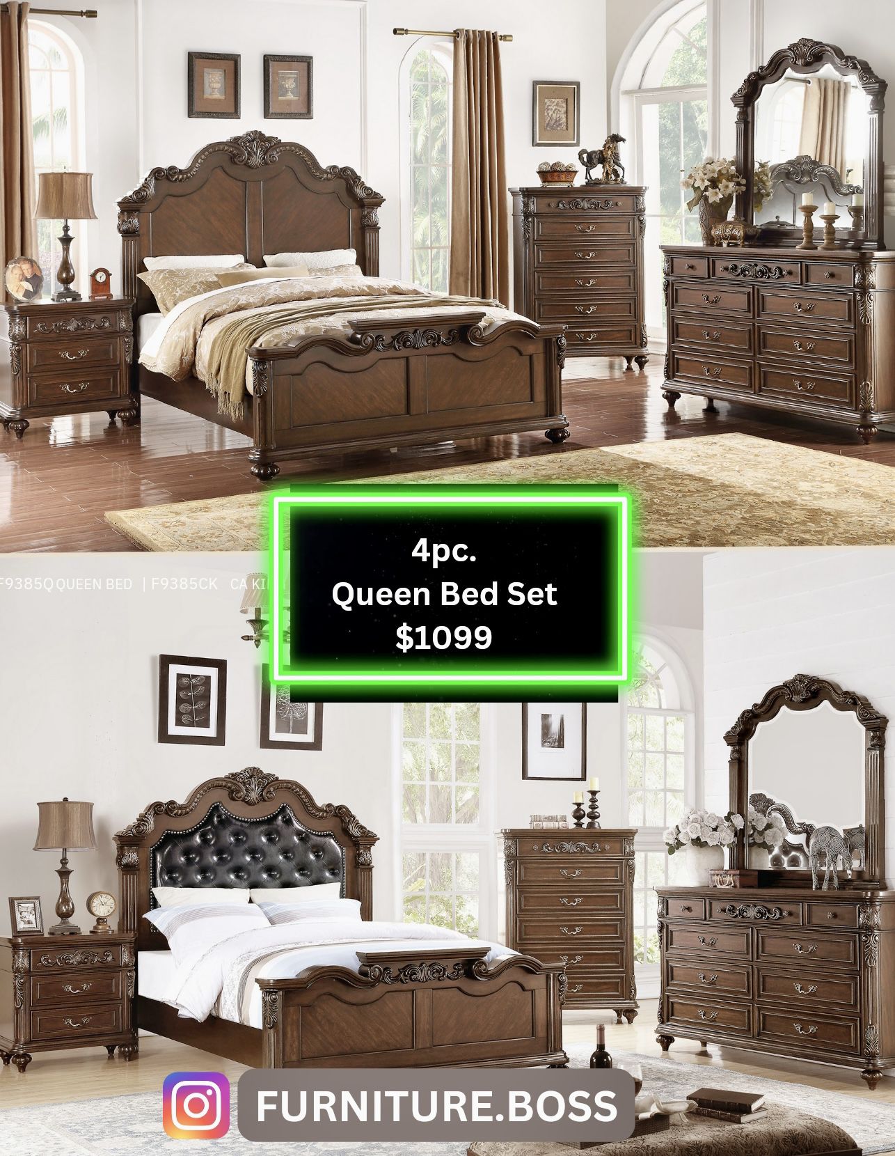 Queen Bedroom - 4pc Set Bed, Dresser, Mirror, Nightstand $1099