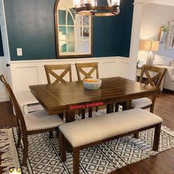 Grayish Brown Casual Style Rectangular Extension Dining Table & 4 Upholstered Bar Stools & Bench💥🤎 Newbrand 🆕 Dining Room /Kitchen🌟 