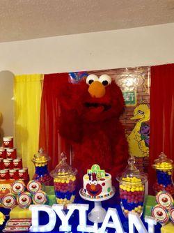 Red Monster {E L M O} Birthday Party Packages! Food, drink, games, cake, decor!