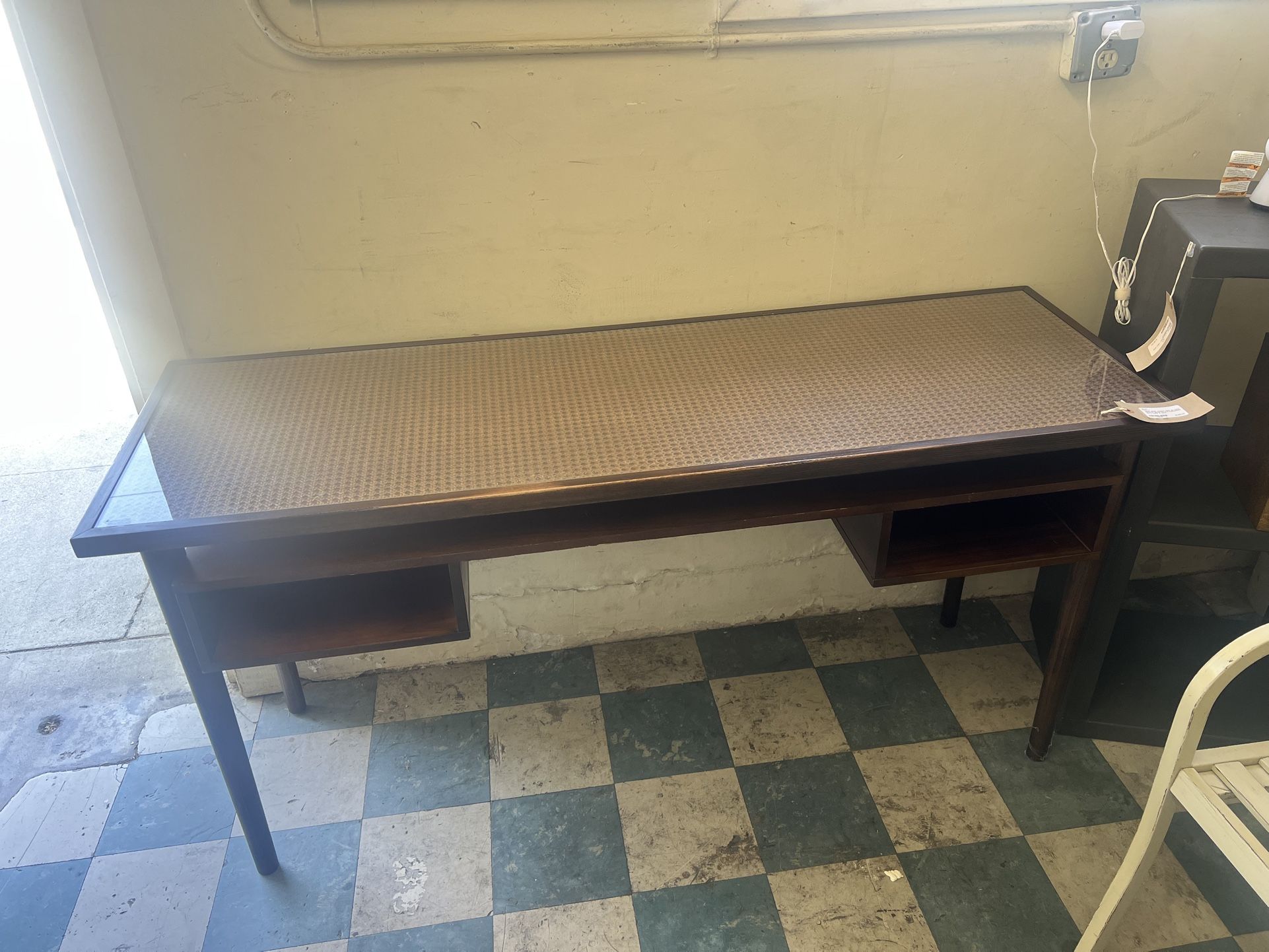 Desk: MCM Wooden Desk W/ Cane Accents, Glass Top & 2 Cubbyholes as-is (wear & tear) SKU TD83BS