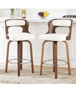 Swivel Bar Stools Set of 2, 26" Counter Height Bar Stools with Curved Backrest, Mid-Century Modern PU Fabric Modern Island Chairs with Footrest, for K
