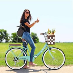 Foldable Beach Cruiser Bike for Women, 26 Inch Womens Bike with Basket, 7 Speed Commute Bike Adult Bicycles for Women, High-Carbon Steel/Front & Rear 