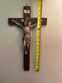 Vintage Catholic crucifix Christ with glass eyes 17in.