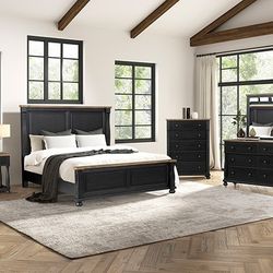 Brand New Black & Rustic Oak 4pc Queen Bedroom Set (Available In Eastern King)