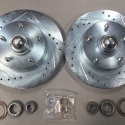 Brand New Replacement Drilled And Slotted Rotors Bearings Seals And Dust Caps For GM A F X body Cars For Factory Or Factory Replacement Spindle 