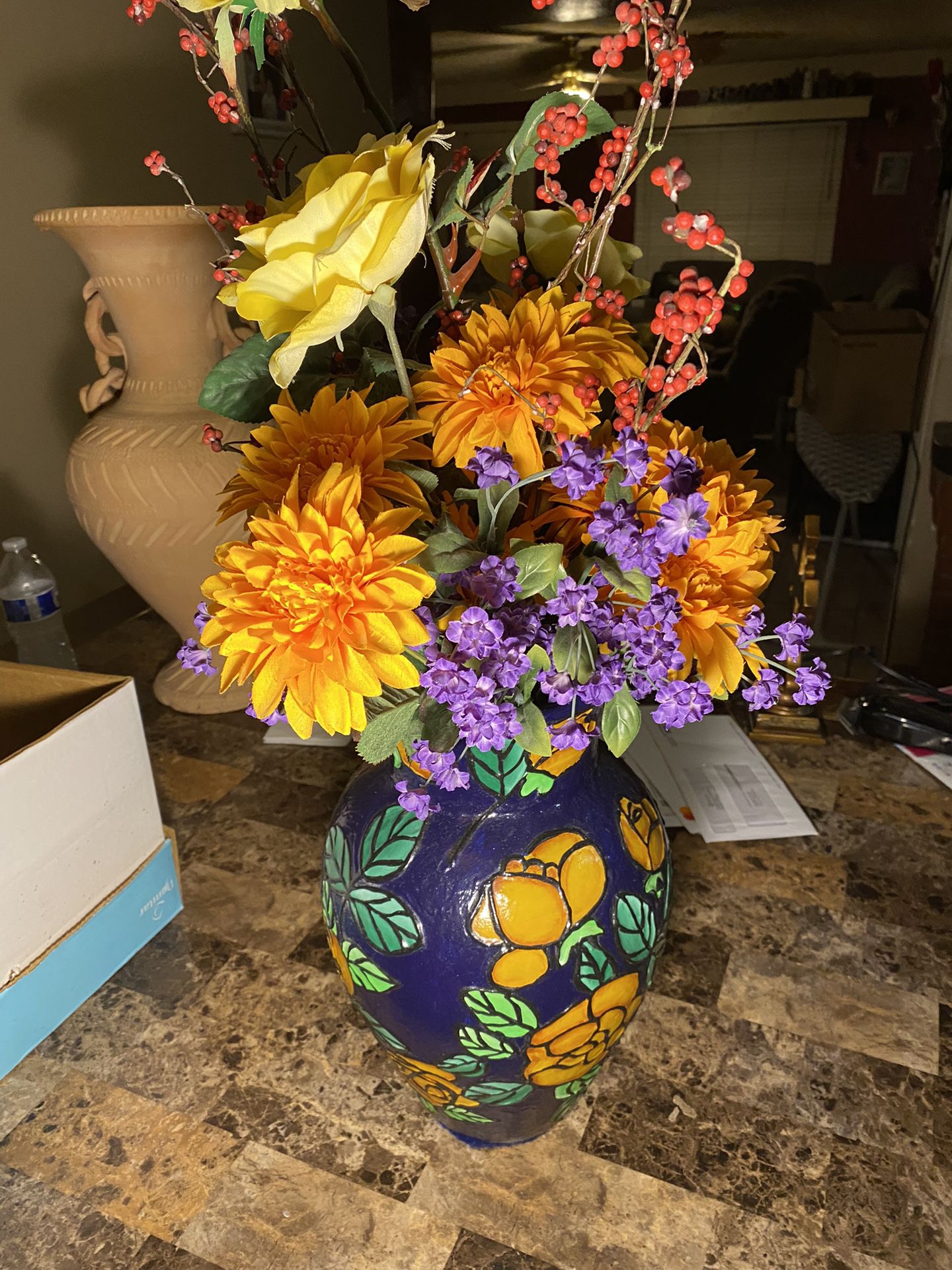 Dark Blue Vase With Beautiful Flowers Vase