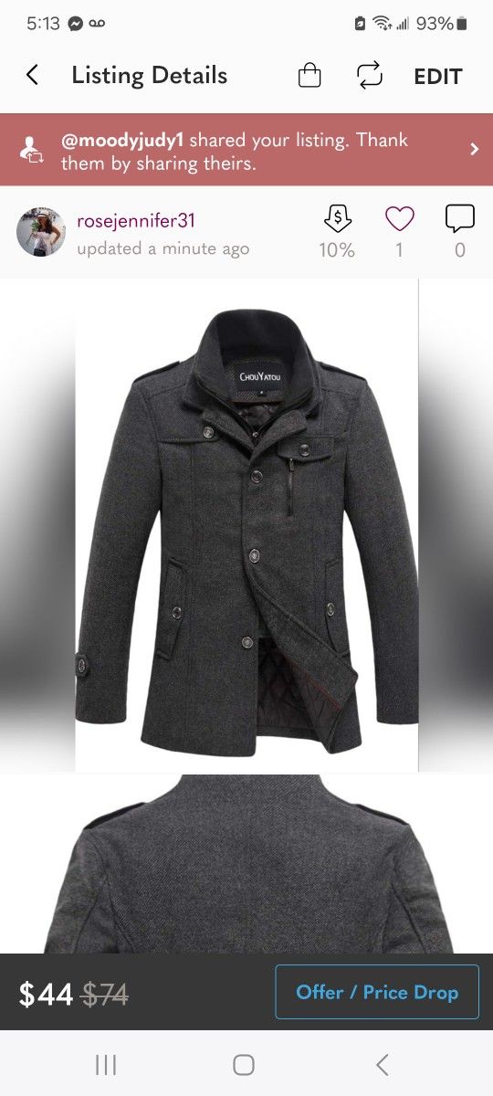 Men's Military Style Wool Blend Peacoat Medium