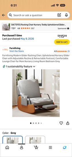 Furniliving Modern Glider Rocking Chair, Upholstered Nursery Glider Chair with Adjustable Recline & Retractable Footrest, Comfortable Lounge Chair for