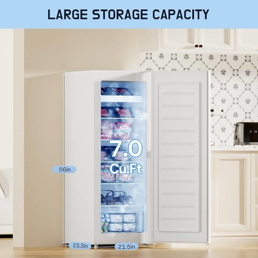 7.0 Cu.Ft Upright Freezer, Large Capacity Garage Ready Deep Freezer with 5 Adjustable Shelves, Convertible Refrigerator/Freezer, Reversible Door for H