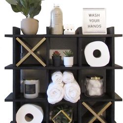 Large Black Tic Tac Toe Toilet Paper Holder Stand | Design Freestanding Bathroom Tissue Roll Storage Organizer | Wooden Bathroom Organizer 