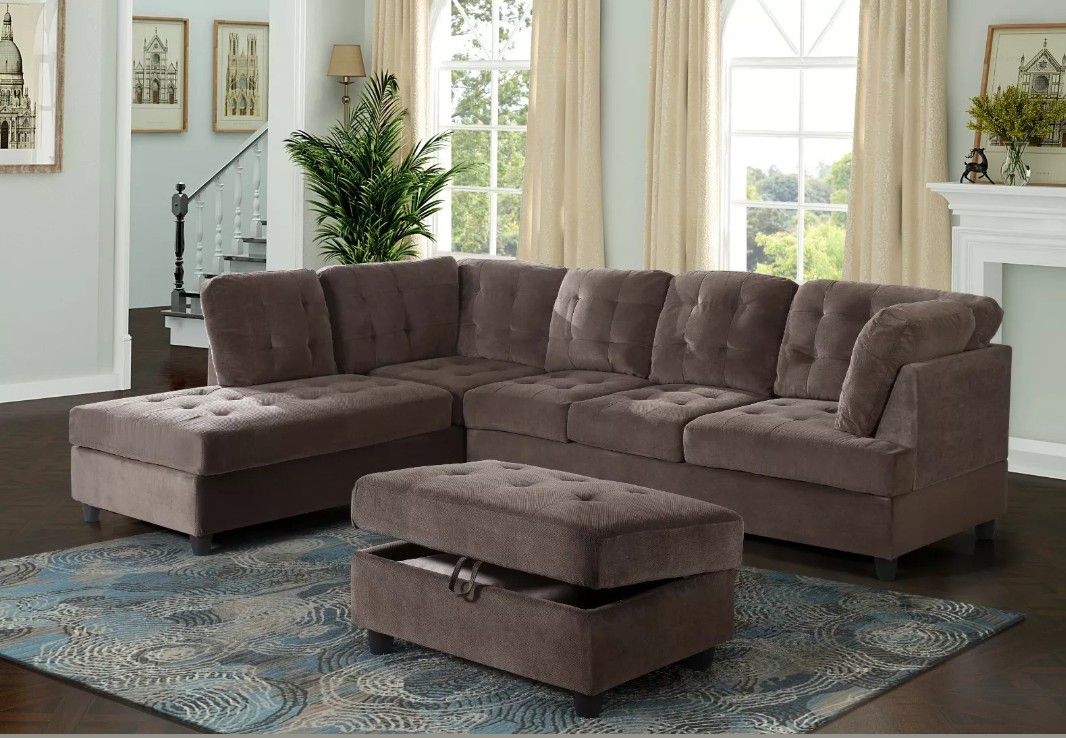 New Brown Sectional with Storage Ottoman