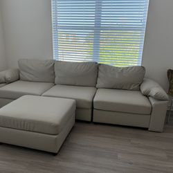 Modern Beige Sectional Sofa + Ottoman – Clean & Comfortable