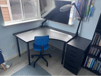 Ikea table, drawer, chair and lamp