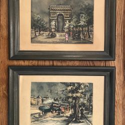 Pair of Vintage Paris Arc de Triomphe & Seine Watercolors 1962 14"x11"