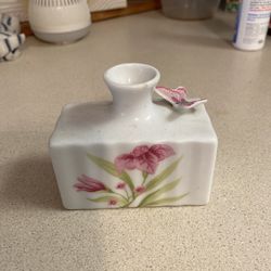 JAPANESE Vintage sm vase attached BUTTERFLY pink floral on white