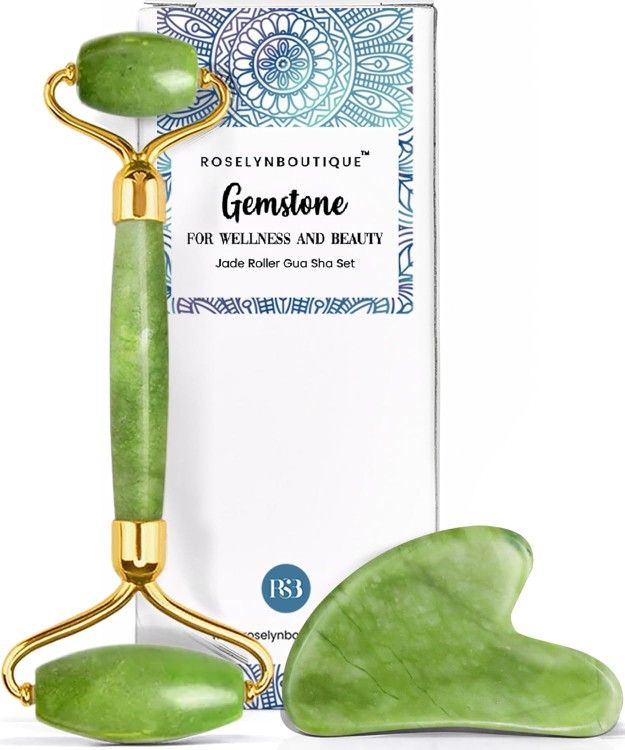 Jade Roller and Gua Sha Set for Beautiful Skin Detox - Facial Body Eyes Neck Massager Tool Reduce Wrinkles Aging - Original Natural Jade Stone