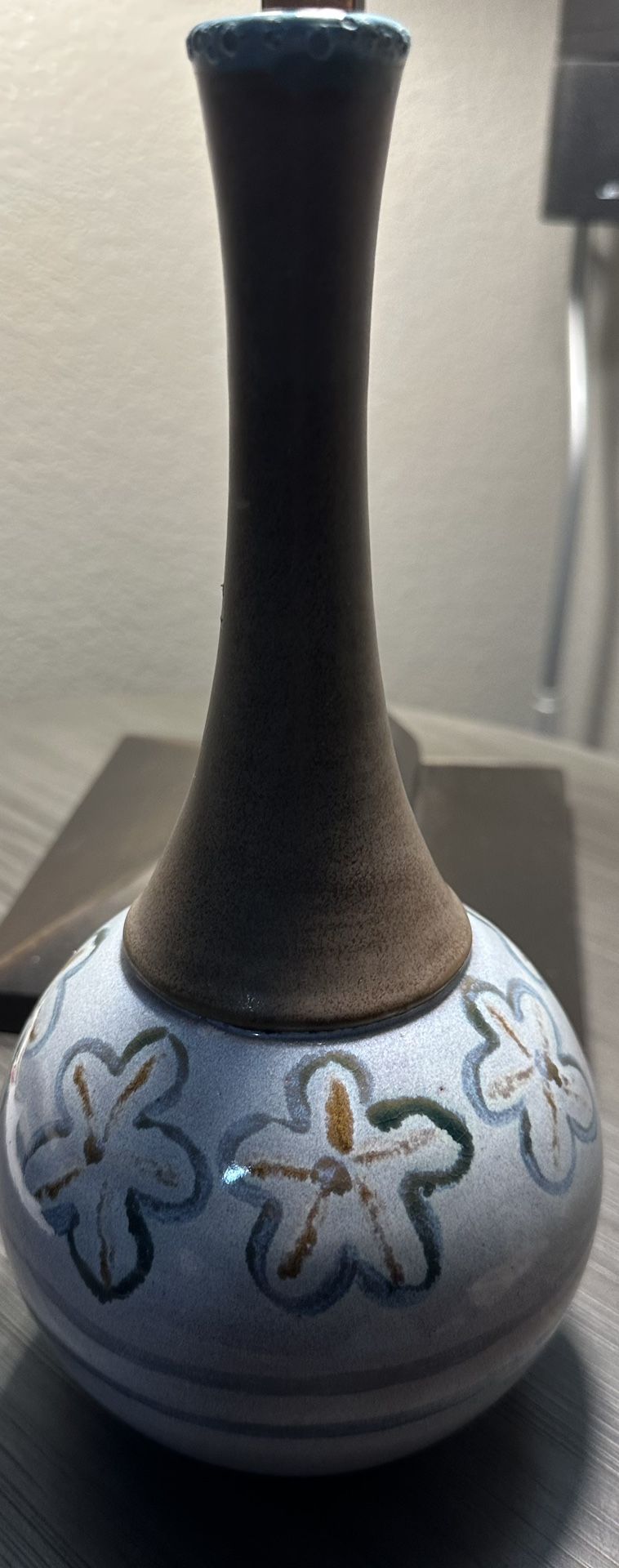 Signed Pottery Vase with Blue And Brown Flower Design