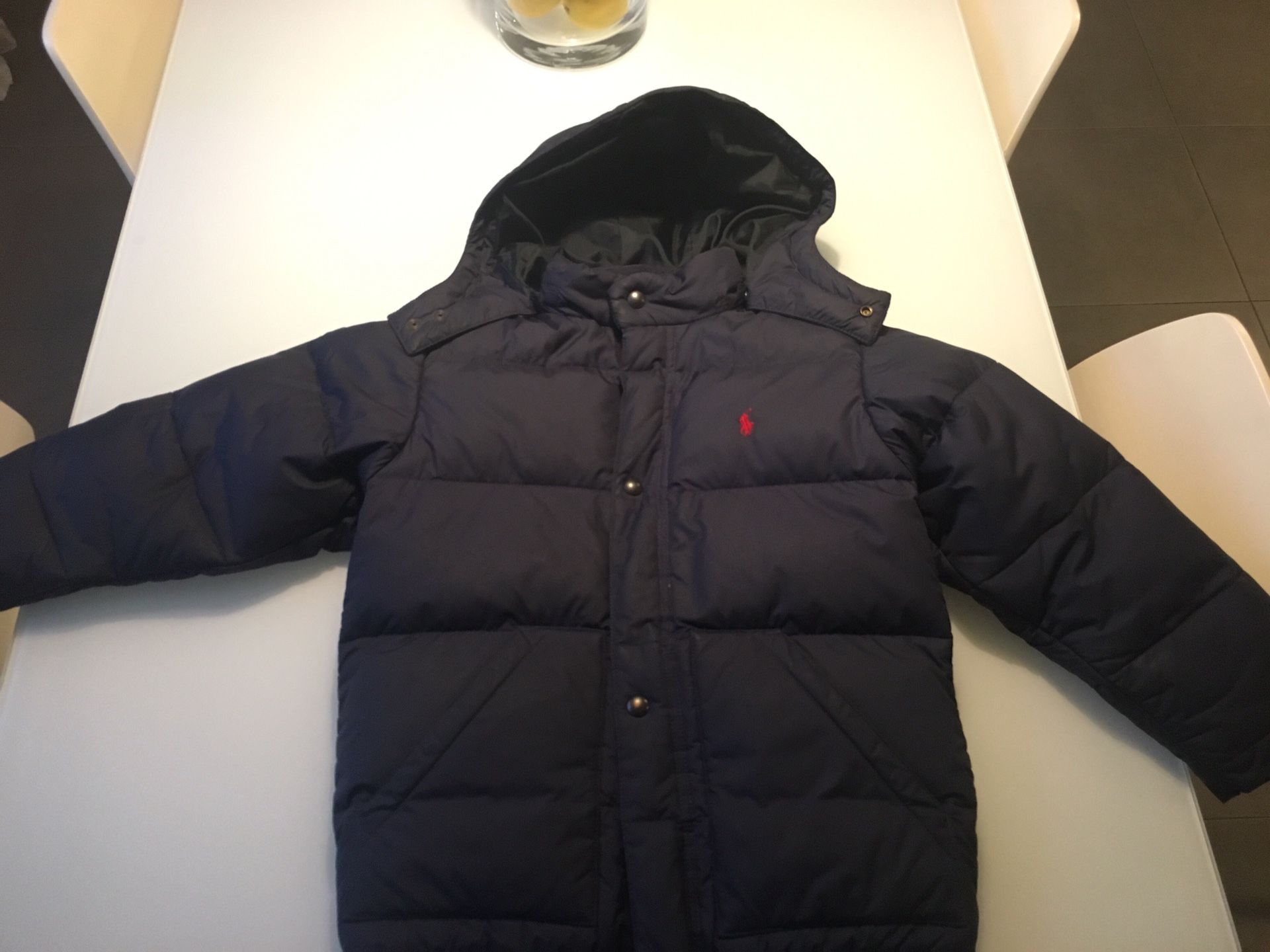 Polo puff jacket with hoodie. Size 7