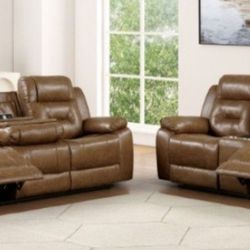 Brand New Brown Leather Reclining Sofa & Loveseat 
