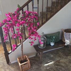  Nearly Natural Bougainvillea Faux Tree 4ft – Artificial Plant w/ Rattan Basket
