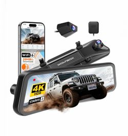 WOLFBOX G900 12" 4K Mirror Dash Cam Front Rear, Voice Control, Night Vision, Loop Recording, Backup Camera, Car Truck SUV