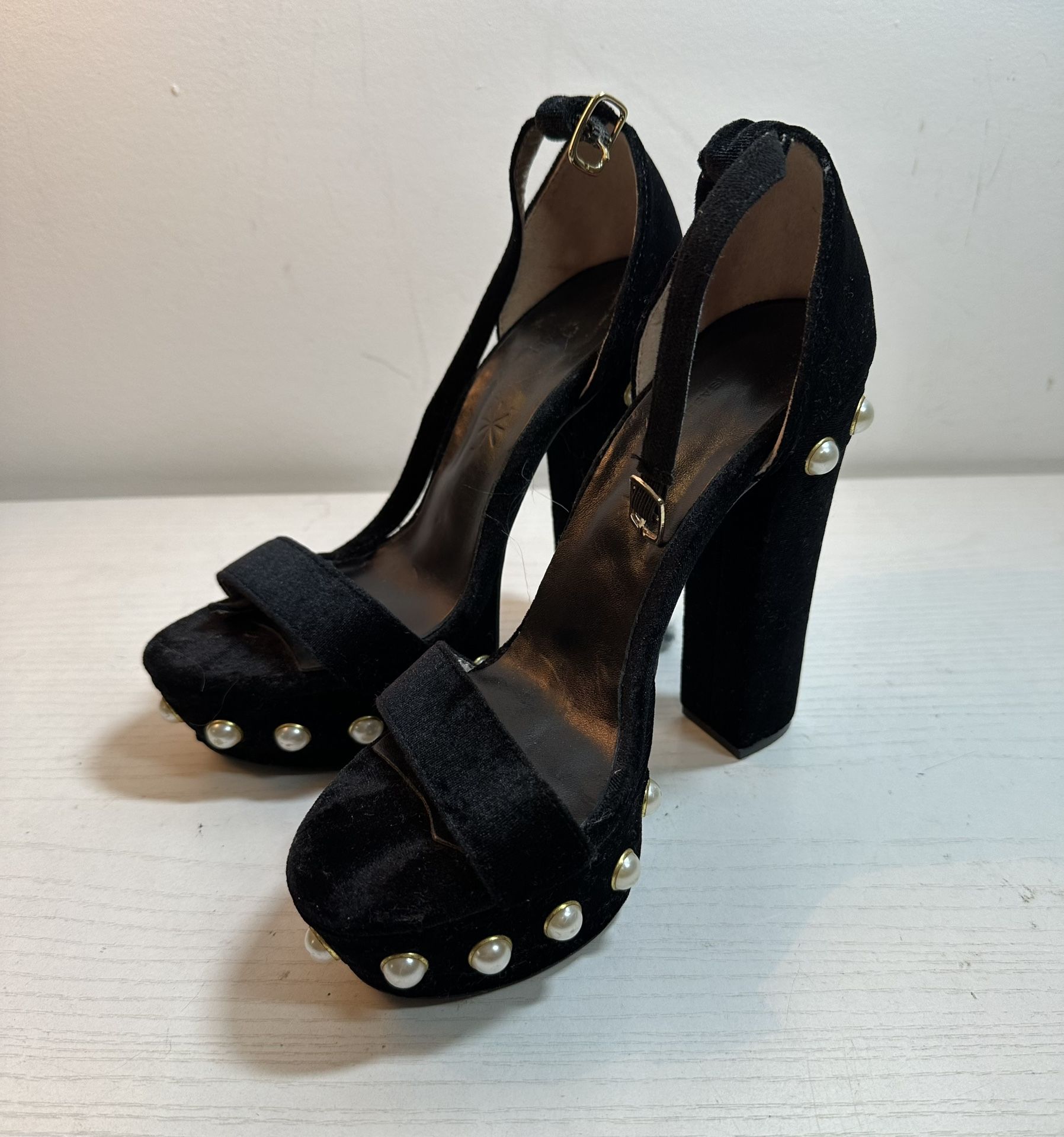 isabel marant heels Black Velvet Pearl Beads Chunky Shoes