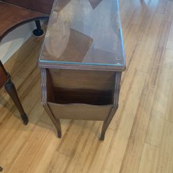 Original Antique End Table  W Glass Top And Magazine  Holder 