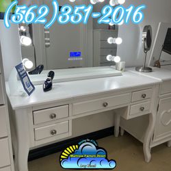 White Premium Vanity Desk With Led Lights And Stool Chair 