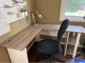 Desk, chair and table lamp