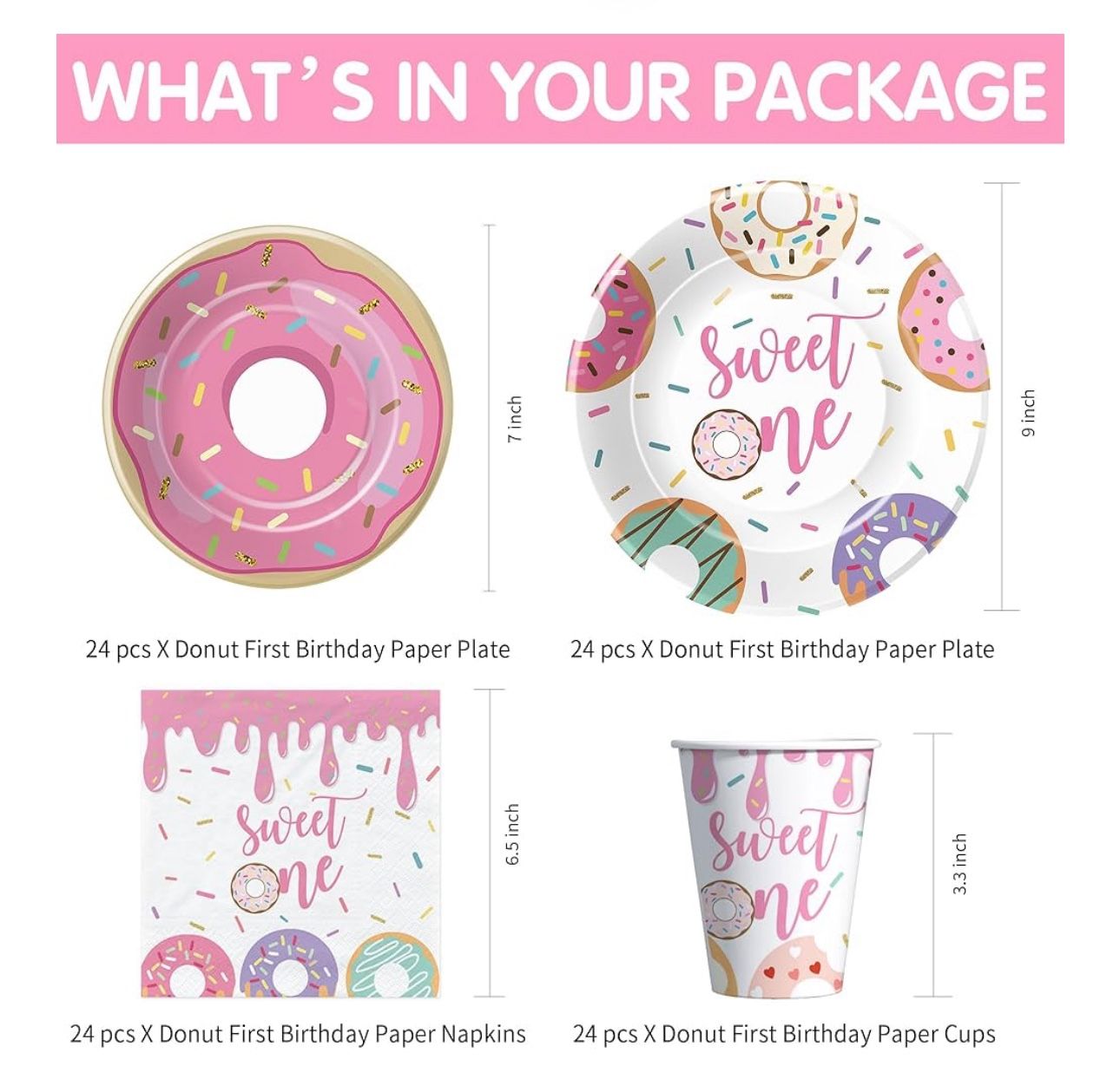 Donut Sweet One Birthday Party Decorations Tableware For Girls First - Pink Donut 1st Birthday Party Supplies, Plate, Cup, Napkin, Cutlery