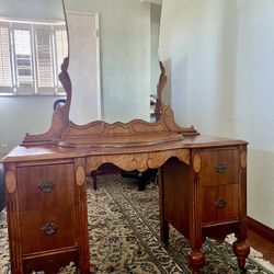 Antique Art Nouveau Vanity Table Carved Wood  With Mirror -4 Drawers