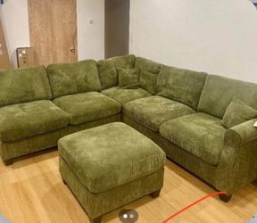 SAGE Plush Corduroy 99x99 sectional sofa with ottoman $550 pick up / can deliver